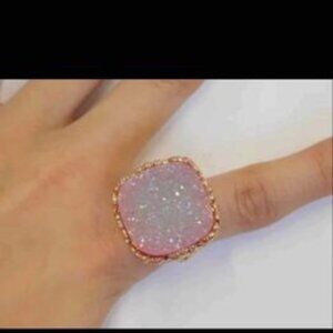 Antique 18K Gold Plated Bronze Natural Pink Druzy Agate Ring Signed BC ~ Size 9